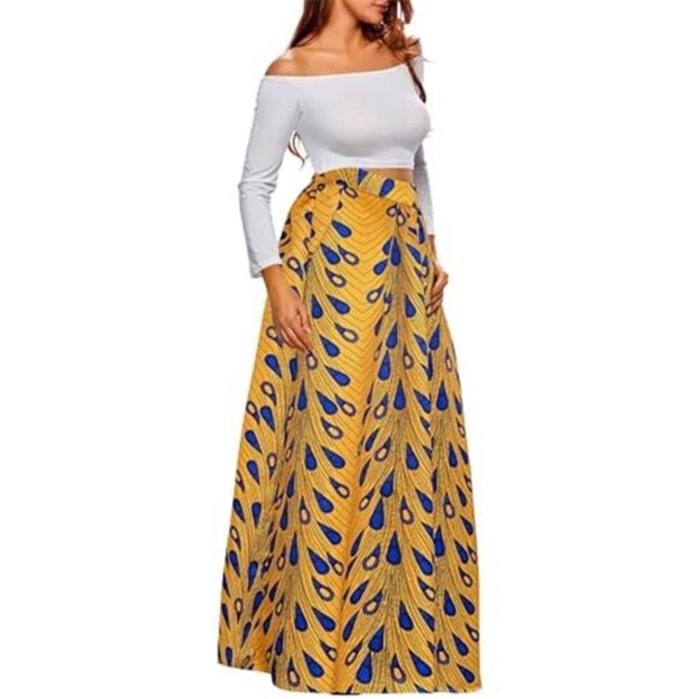 Women’s Yellow Abstract Print Maxi Skirt A-Line Flared Long Skirt with Pockets